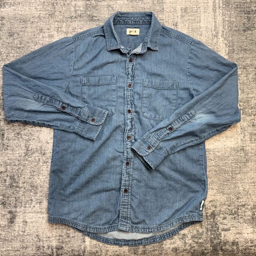 Pact Shirt Small Chambray Denim Button Up Organic Cotton Lightweight Summer Blue